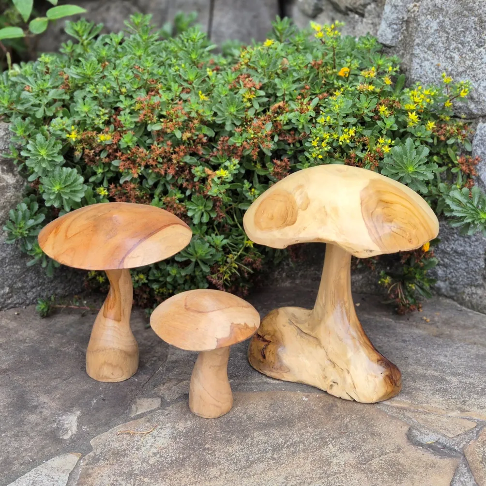 Pilz Skulpturen aus massivem Teakholz "3er Set"